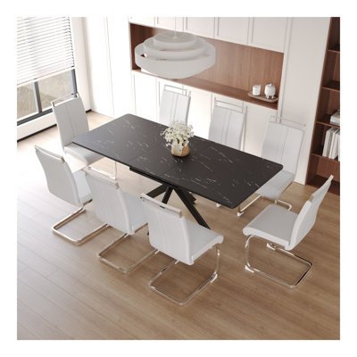 Ensemble de table de salle à manger 62,4 "à rallonge 78,15" pour 6 à 8 personnes dans la salle à manger, chaise en forme de C sans accoudoirs rembourrée et très grande table de salle à manger avec pieds en métal