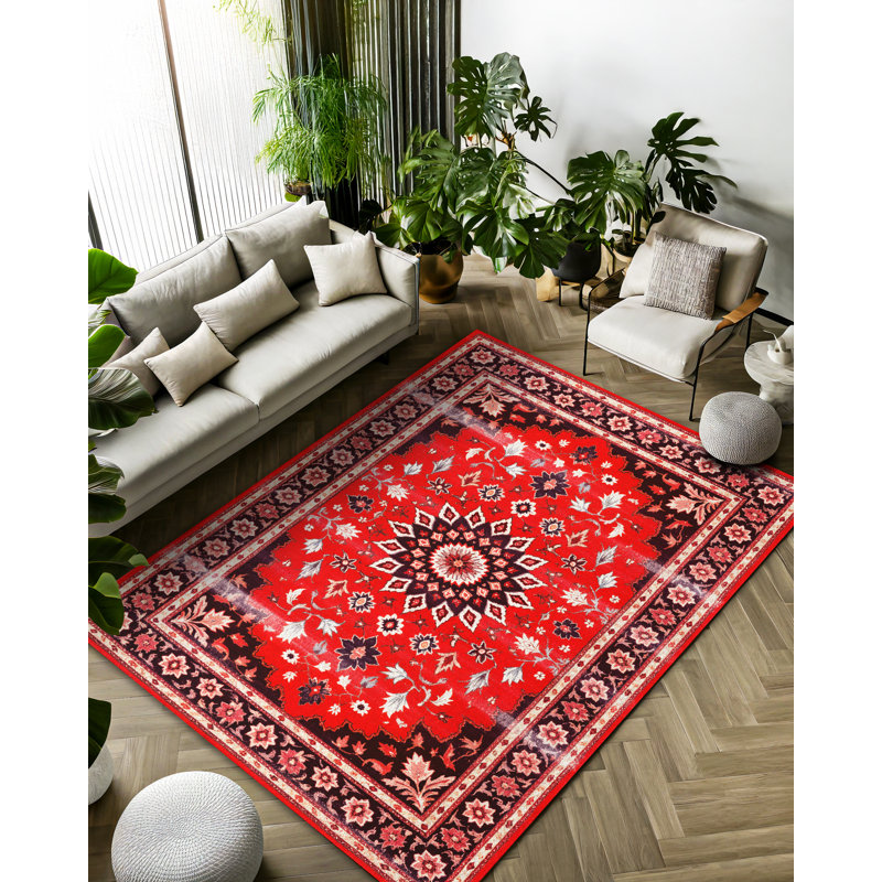 Edith Collection Digital Print Cotton-Polyester Red Moroccan Rug, Runner 6'7" x 13'2"