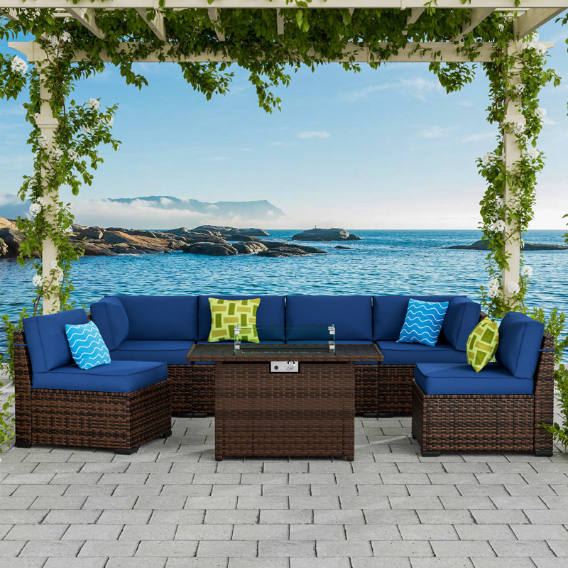 Treyshun Wicker 6-Person Sectional Conversation Sets with Cushions, Yes, Navy