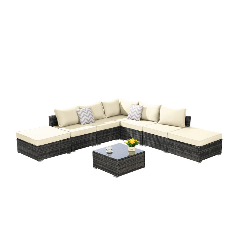 Ensemble modulaire de patio 8 pièces avec repose-pieds et table basse en verre 8 pièces, Beige