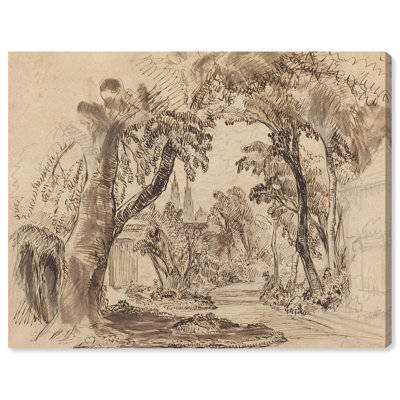 Art Remedy, croquis rétro sur toile, chemin de jardin bordé d'arbres