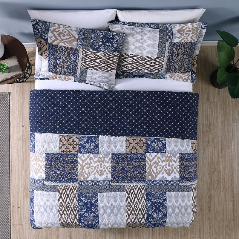 Blue and Beige Cotton Reversible Full Quilt Set