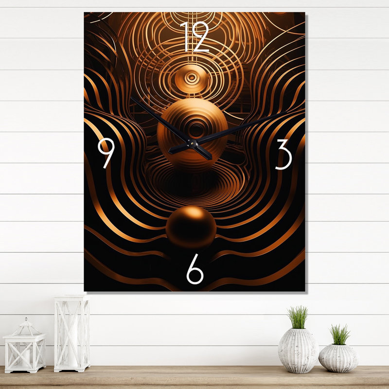 Sphère dorée abstraite, paysage futuriste doré - Horloge murale paysage abstrait, H 32 po x l 16 po x P 1 po
