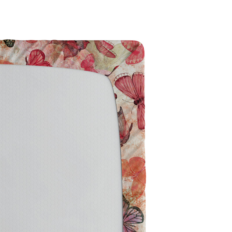 Microfiber Fitted Sheet, King Fitted Sheet, Butterflies Coral Salmon Dried Rose