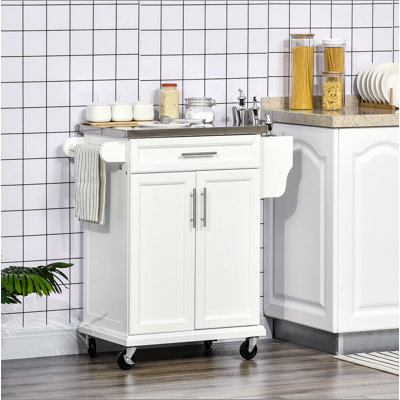Îlot de cuisine sur roulettes, chariot de cuisine roulant avec comptoir en acier inoxydable, tiroir, porte-serviettes et porte-épices, chariot de rangement utilitaire