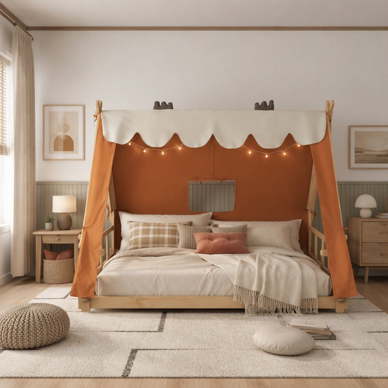 Lit double avec tente détachable et puits de lumière, Brown