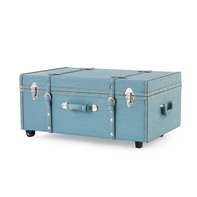 Coffre à pieds texturé avec rangement, Bleu fumée patiné