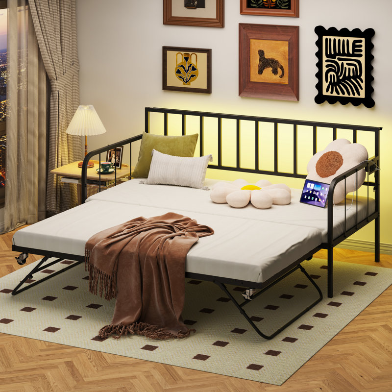 Lit de jour simple avec lit gigogne, structure de lit en métal pour chambre d'amis, peu encombrant, éléments classiques de style moderne, support robuste, rangement inférieur, assemblage facile, construction facile