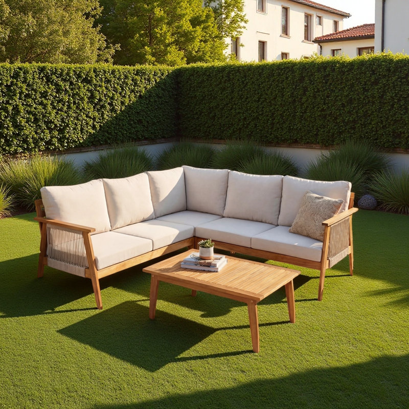Ensemble de coin de patio 4 pièces en bois d'acacia et corde, structure robuste