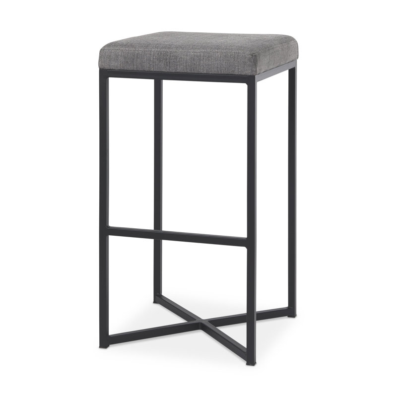 30" Grey and Black Fabric and Iron Backless Bar Height Bar Chair