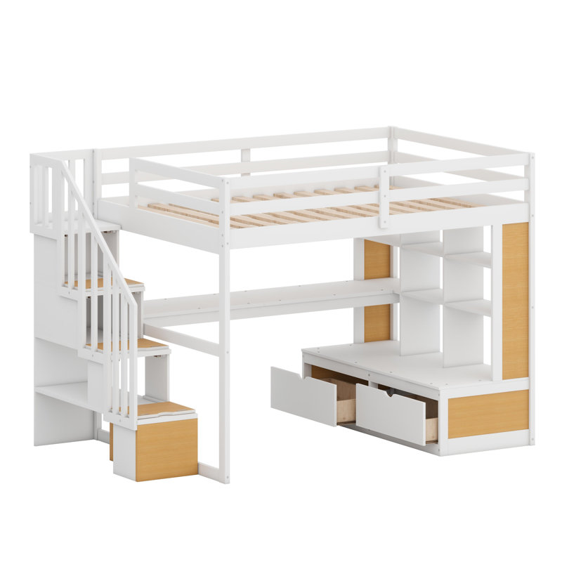 Lit mezzanine avec bureau, tablettes, tiroirs intégrés et escalier de rangement, White and Natural