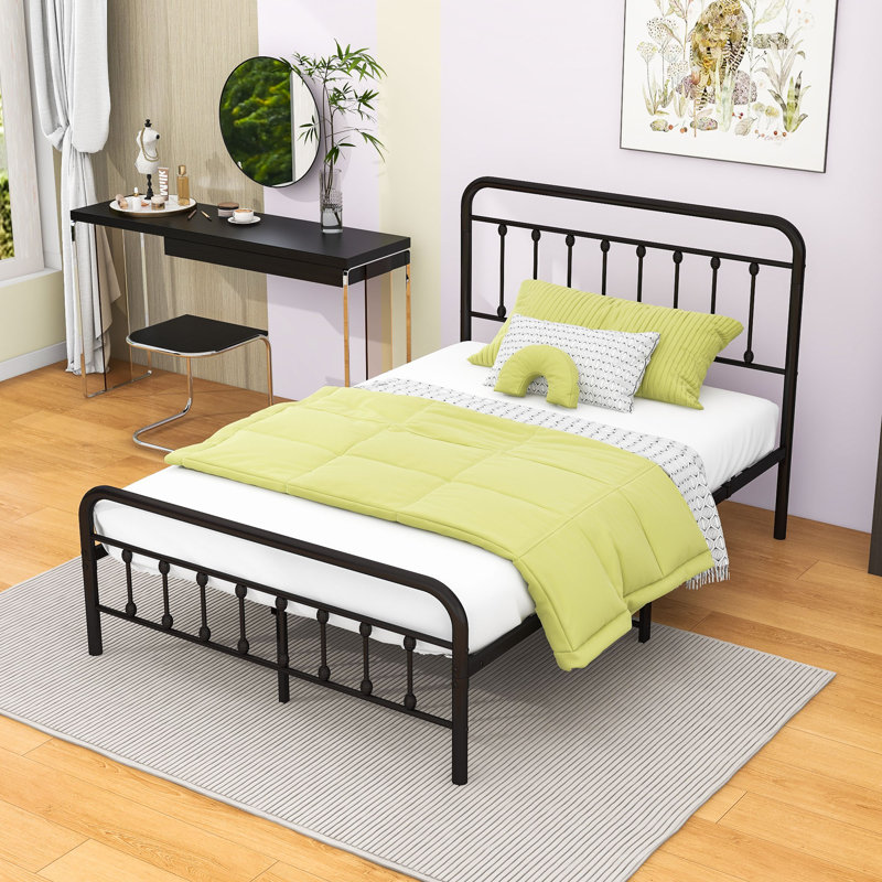 Lit plateforme en métal avec tête de lit et pieds de soutien centraux, conception silencieuse, Full, Noir