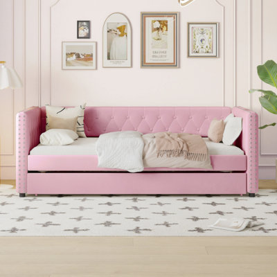 Lit de jour capitonné et capitonné, canapé-lit en velours avec motif de rivets, sans sommier tapissier, rose