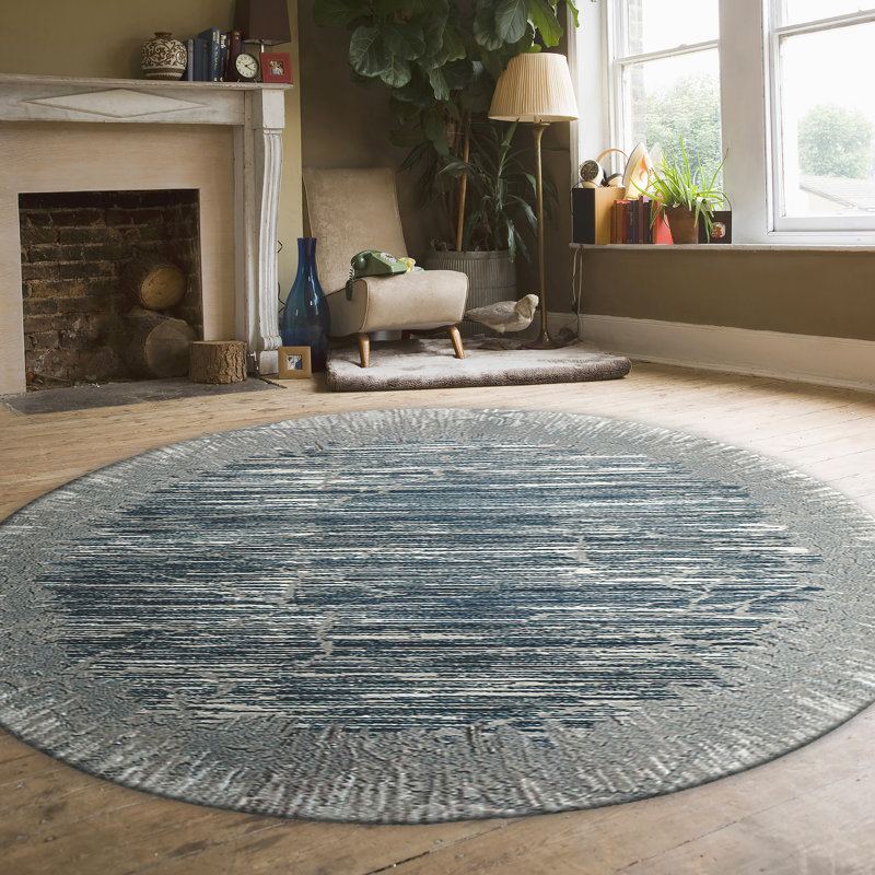 Tapis bleu Davide 1229 - motif transitionnel moderne, texture douce haute-basse, Rond 7 pi 10 po