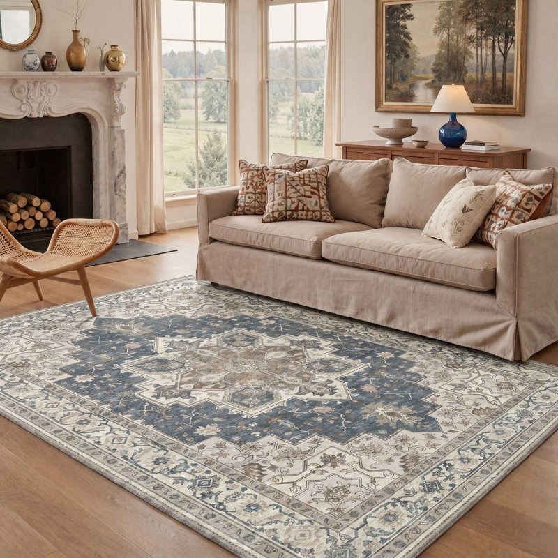 Tapis oriental bleu / ivoire lavable à la machine avec envers antidérapant, Rectangulaire 8 pi x 10 pi