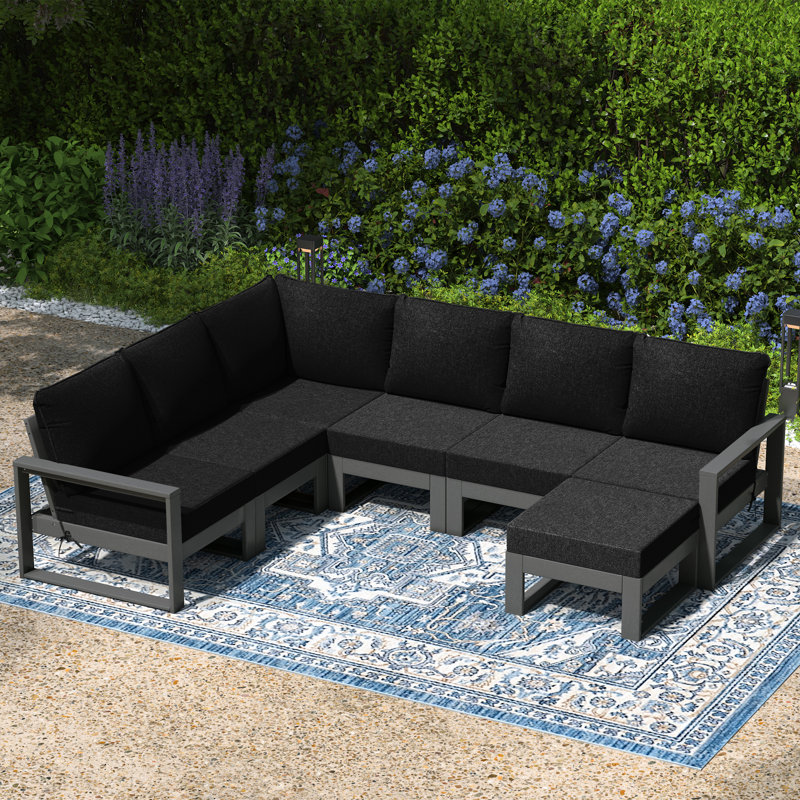 Ensemble de conversation de terrasse avec repose-pieds et cadre 7 pièces, Noir, noir, noir, noir, Gris