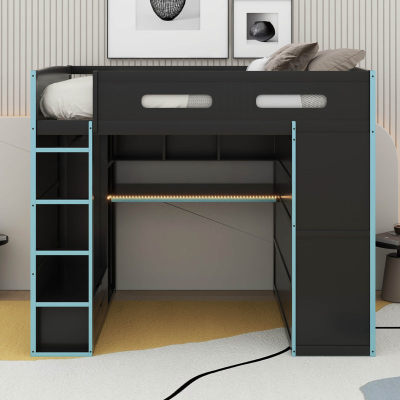 Full Size Wood Loft Bed With Desk,Wardrobe And RGB LED Light, Cloud Blue