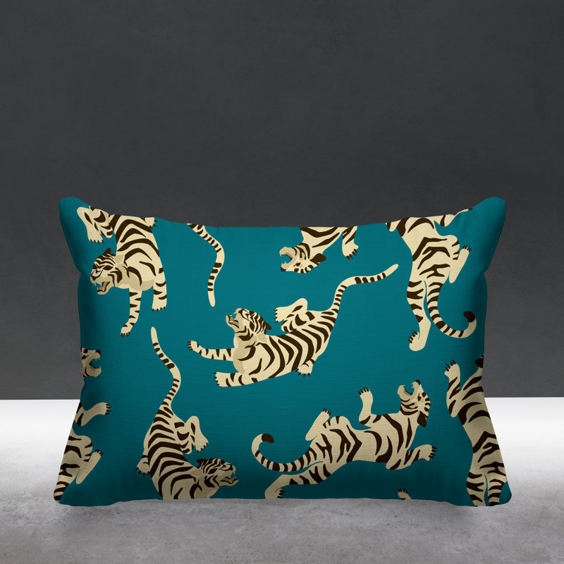 Coussin décoratif intérieur / extérieur Tigger Boho Tiger, 14 po x 20 po, Turquoise