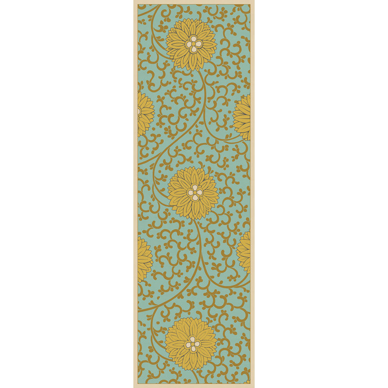 Aldona Vinyl Floral Indoor Rug, Yellow/Teal/Ivory, Runner 2'6" x 8'