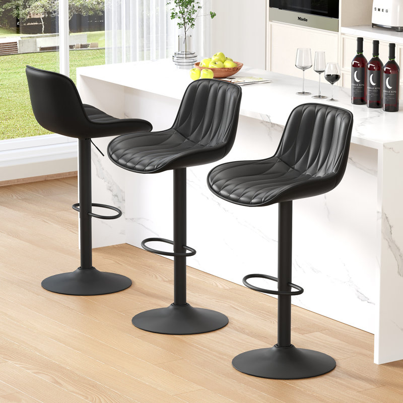 Adjustable Swivel 24"-33" Height Rhombus Leather Bar Stools with Back for Kitchen Island, Black, 3