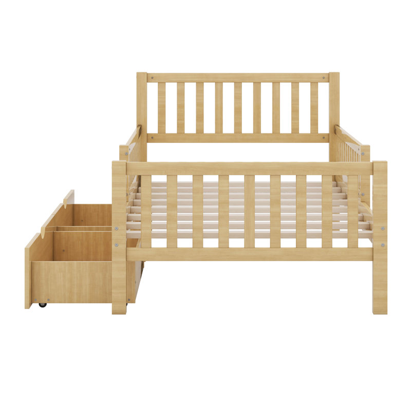 Lit de rangement avec tiroirs, lit plateforme en bois avec garde-corps des deux côtés et 2 tiroirs de rangement, Lit simple