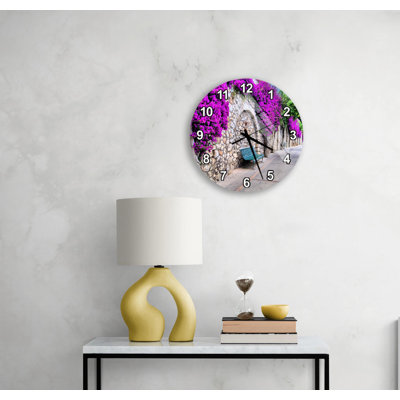 Horloge murale vibrante florale, verre trempé, scène d'arcade en pierre mauve Bougainvillée