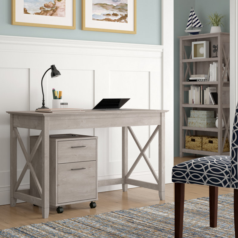 Huckins 3 Piece Writing Desk Office Set with Bookcase, Washed Gray