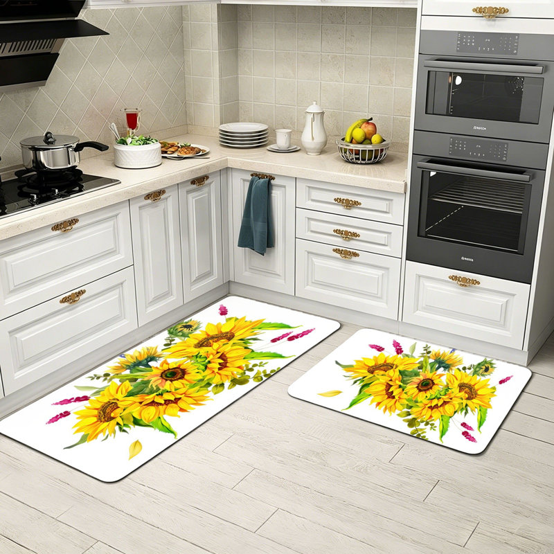 Tapis de cuisine aquarelle en forme de bouquet de tournesol sur fond blanc, 2 pièces