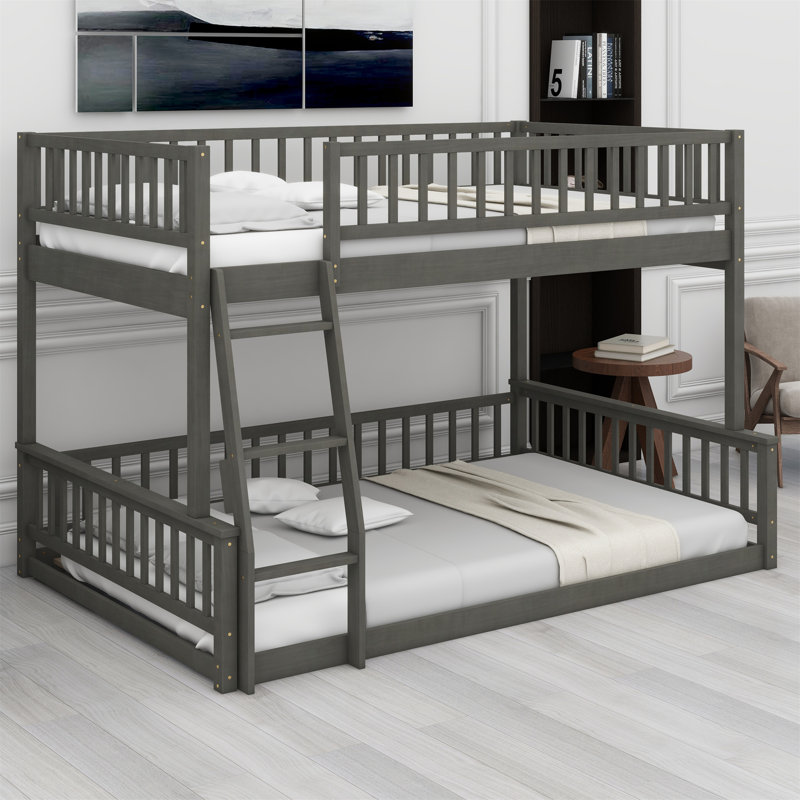 Jennifere Bunk Bed with Ladder and Guardrails, Gray, Full XL over Queen
