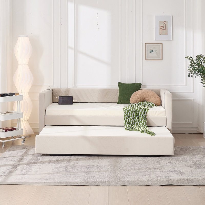 Lit de jour simple rembourré avec lit gigogne, port USB, poches latérales, dossier à motif en V moderne, aucun sommier nécessaire pour la chambre à coucher, la chambre d'amis (beige, simple)