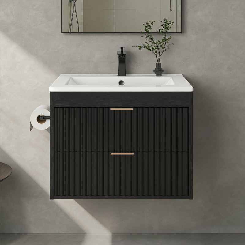 Meuble-lavabo flottant 24 po à DEL avec lavabo, tiroirs à fermeture en douceur et porte-serviettes, Black