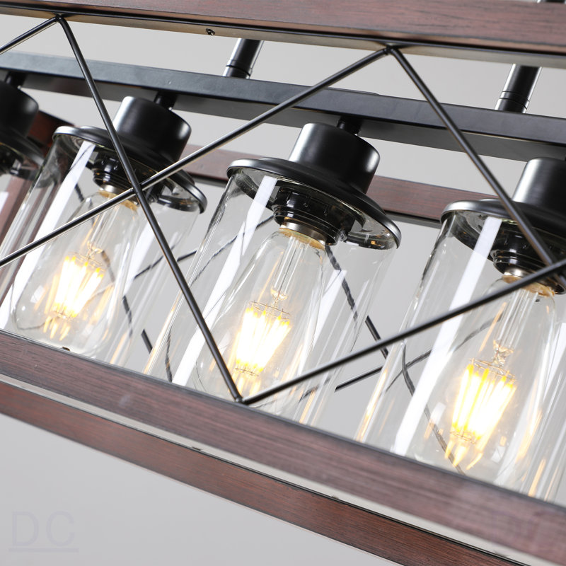 Luminaire suspendu de style campagnard industriel en bois rouge 32 po, lustre 5 lumières avec abat-jour pour salle à manger, îlot de cuisine, décor de café (sans ampoules)