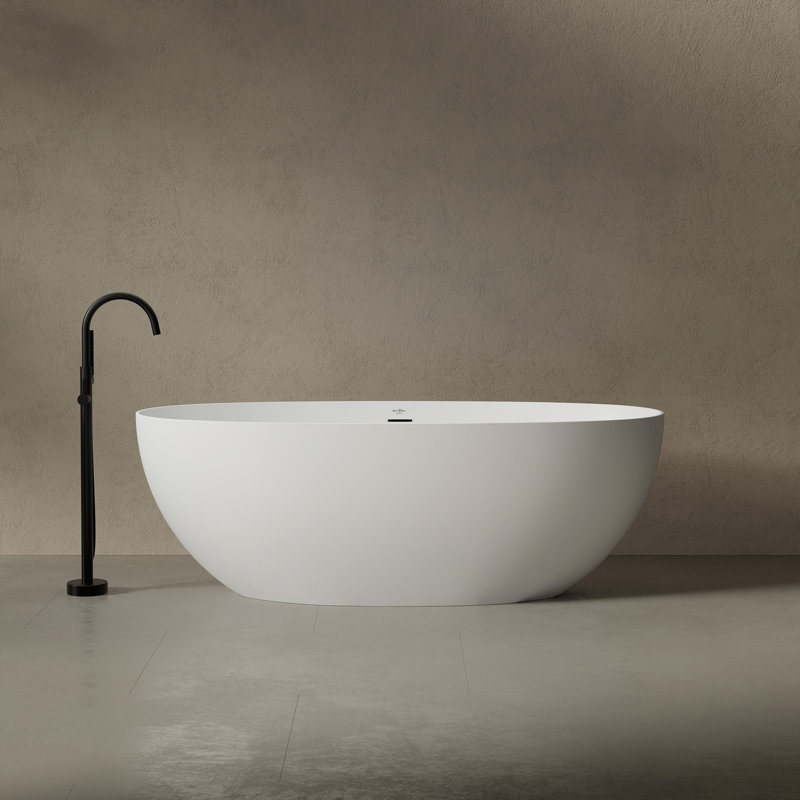 MonBlari 59" X 28" Solid Surface Freestanding Soaking Bathtub with Overflow and Pop-up Drain For Bathroom, Matte White