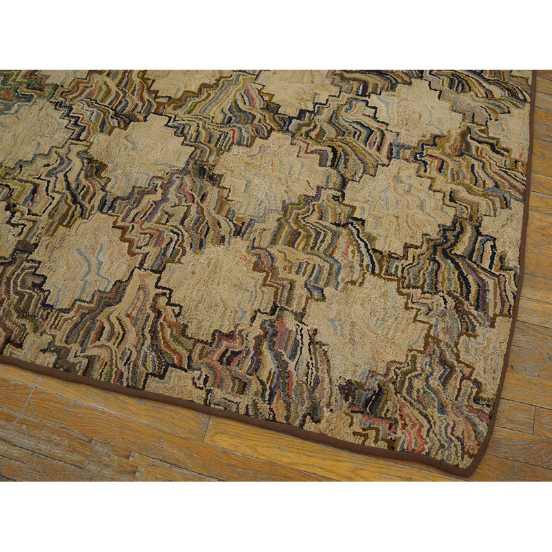 Antique Square Allover Geometric American Folk Art Hooked Rug