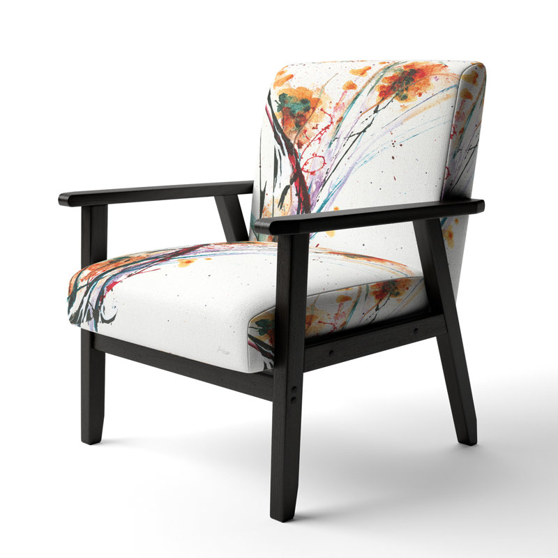 Geidel - Abstract Flowers - Upholstered Traditional Accent Arm Chair, Orange, Black Square Arms