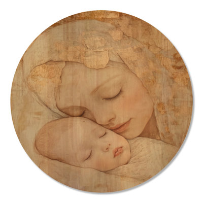 Mother and Child in Tender Light - Modern Round Wood Wall Art