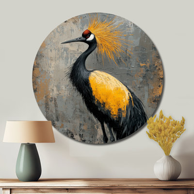 Gris et jaune à crête oiseau II - reproduction d'art moderne en métal jaune, oiseau rond, décoration murale en métal