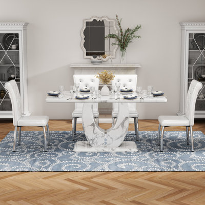 Modern 63" Faux Marble Dining Table Set with Spring-Supported PU Leather Chairs