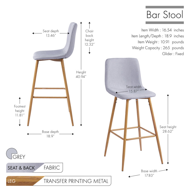 Upholstered Counter Stool with Metal Frame, Grey