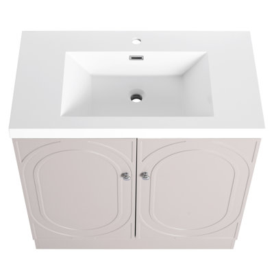Meuble-lavabo de 36 po de couleur kaki. Lavabo en résine et 2 portes d'armoire à fermeture en douceur. Style moderne, rangement spacieux. Lavabo, charnières, poignées en métal élégantes. Contreplaqué. Assemblage requis sur pied avec blanc
