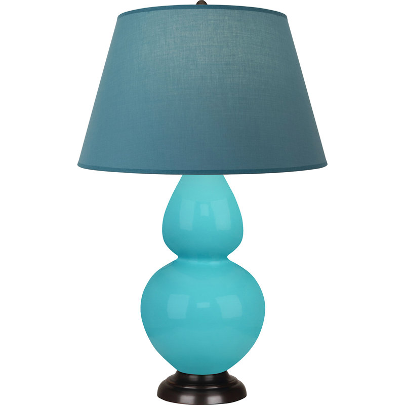 Lampe de table double gourde en céramique, Bleu œuf émaillé / bronze, Bleu vif / gris, Bronze