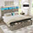 Queen Size Farmhouse Metal Bed Frame, Grey Platform Bed with LED Headboard, Charging Station and Storage Ottoman, Sturdy Bed for Teen Room-1856255954-1873563150