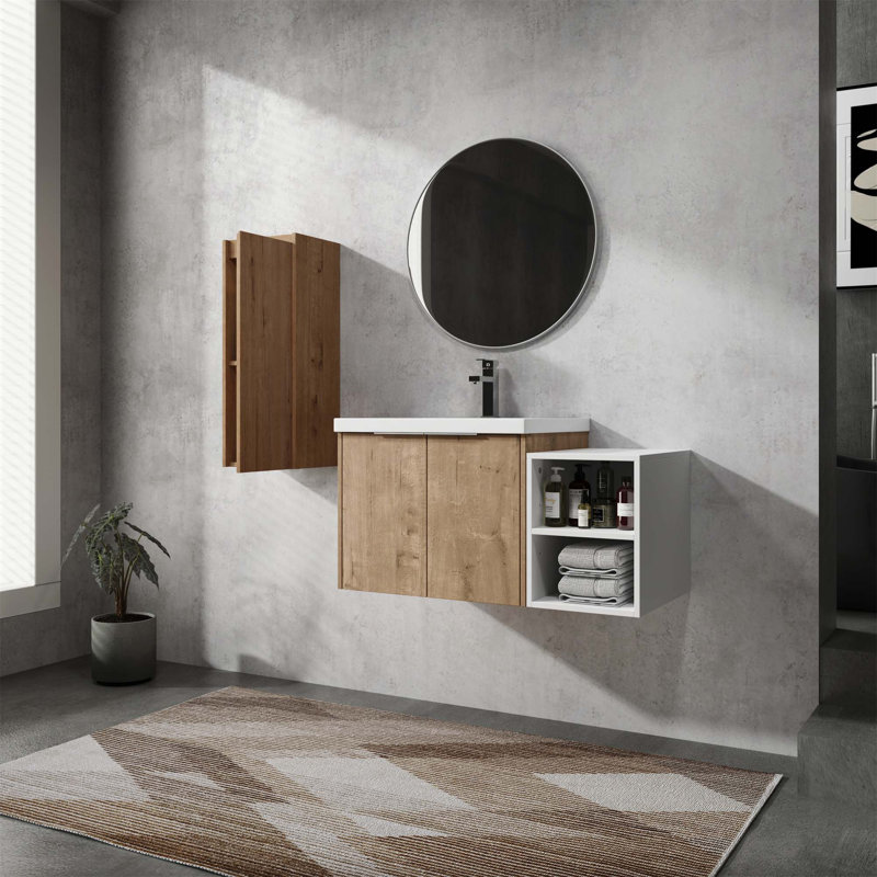 Meuble-lavabo mural avec lavabo et armoire latérale, portes à fermeture douce, armoire combinée