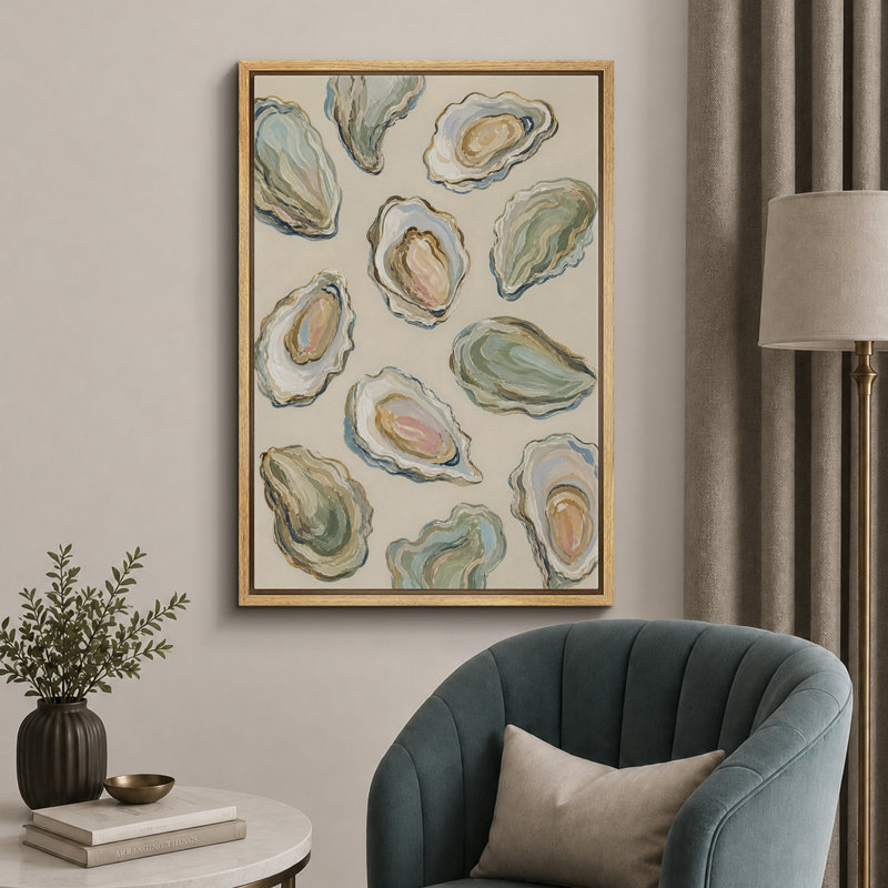 «Neutral Coastal Oyster Shell», impression sur toile encadrée, impression sur toile, 36" H x 24" W x 1.5" D, Natural Frame