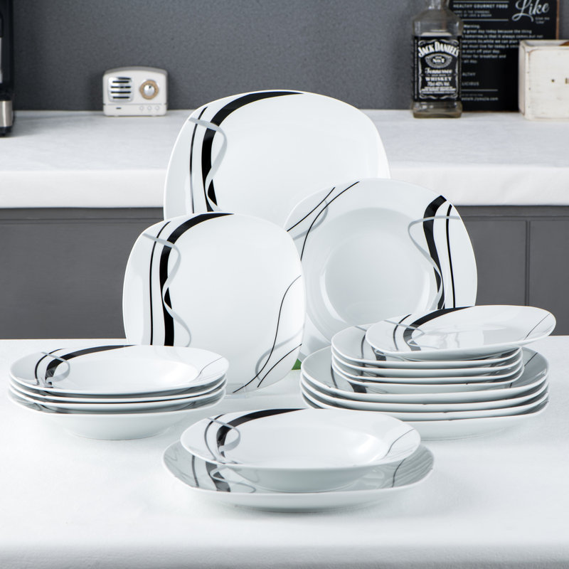 Fiona 18 Pieces Porcelain Square Black and White Dinnerware Sets, Service for 6