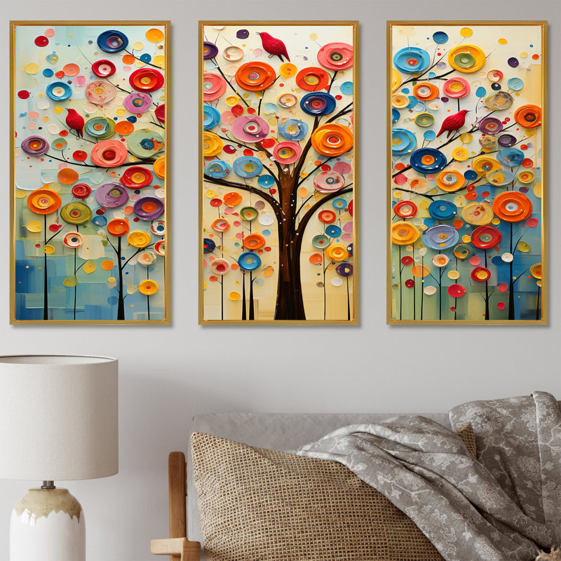 Arbre abstrait coloré 3 - Art mural africain, Cadre flottant doré, H 28 po x l 36 po x P 1 po