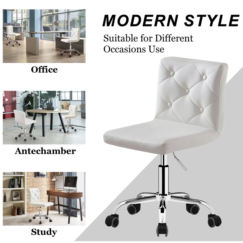 White Armless Ergonomic Adjustable Swivel Office Chair with Wheels – Modern Rolling Computer Desk Chair, Comfortable Task Chair for Home Office, Study, or Vanity