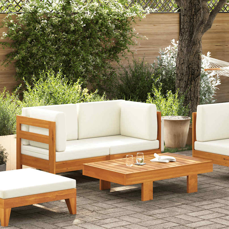 Ensemble de salon de patio 2 pièces vidaXL, sièges d'extérieur en bois d'acacia avec table et coussins blanc crème, meubles de jardin fonctionnels et configurables