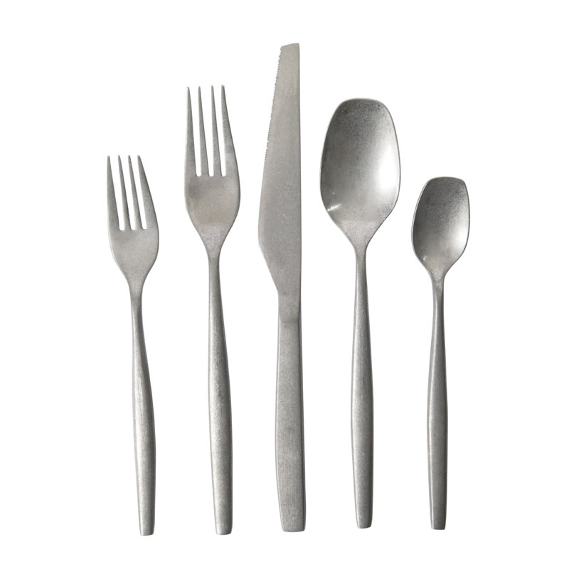 Bloomhouse 20 Piece Stone Washed Flatware 18/10 Stainless Steel Silverware Cutlery Utensil Set With Acacia Wood Caddy 