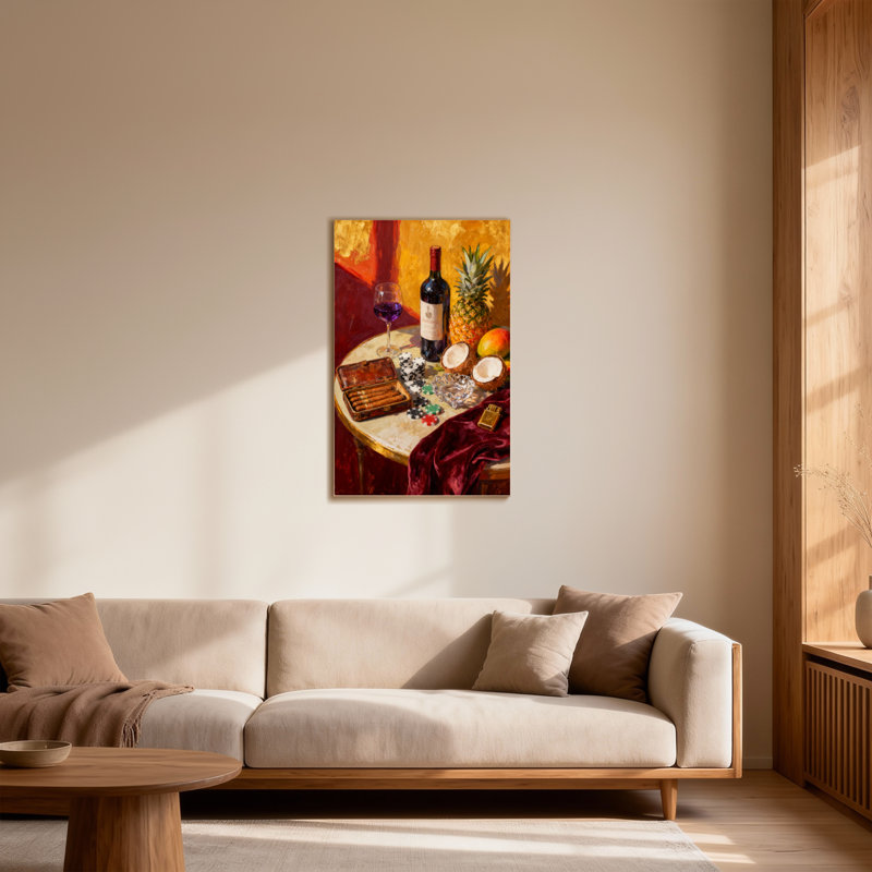 Mode nature morte avec vin et fruits, H 24 po x l 16 po